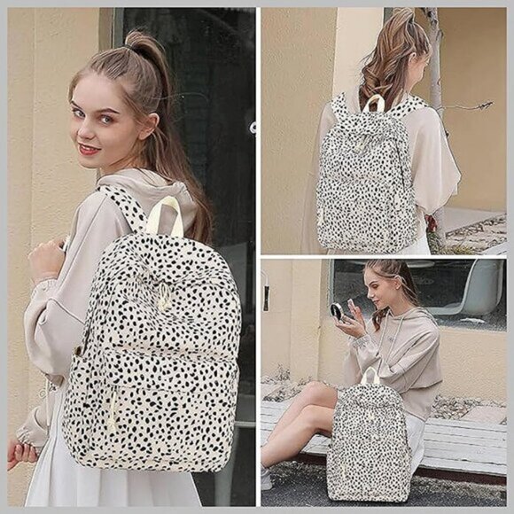 Large Corduroy Bookbag Lightweight 17 inch Leopard-apricot - Picture 2 of 8